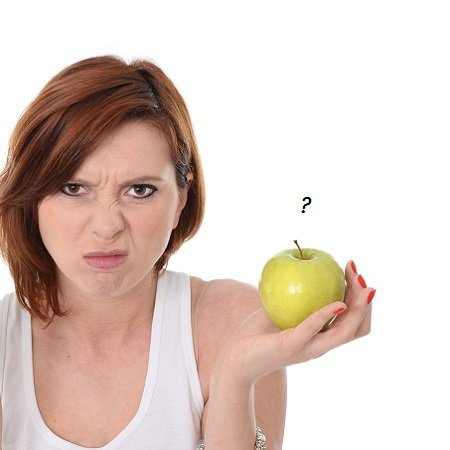 Young Attractive Woman Dessert Choice Junk Cake Food or healthy Apple