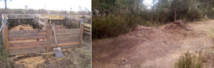  Left: Our initial composting system using four bays, constant rotations and a lot of manual labour. Right: Our current composting system, which allows for larger quantities, but less aeration and watering. 