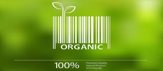 Vector blurred nature background with eco barcode label of Organic Farm Fresh Food.