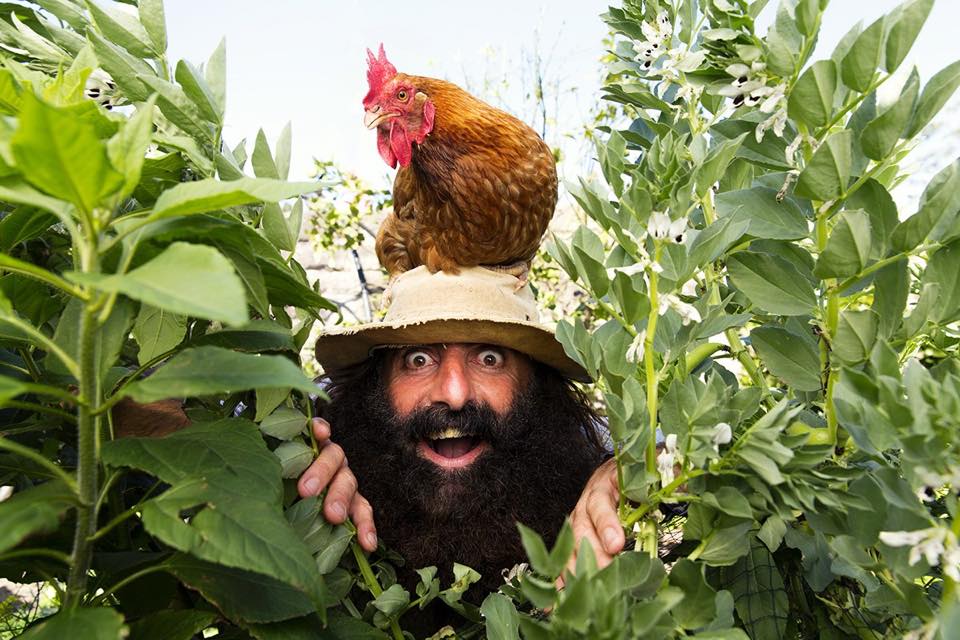 Costa Georgiadis with a chicken in the garden